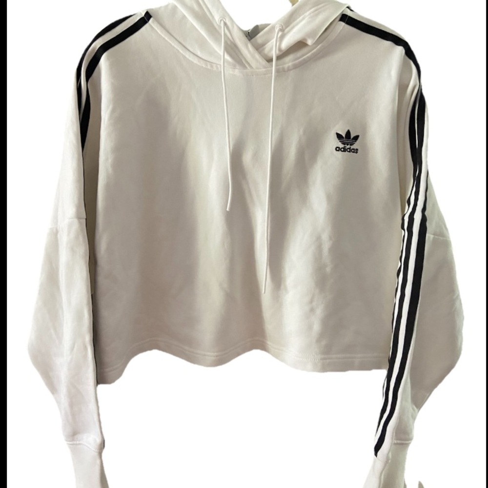 Adidas White Cropped oversized Hoodie sweatshirt black stripes medium